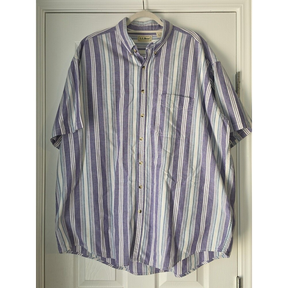 LL Bean Vintage Mens Short Sleeve Blue White Stripe Collar Button Shirt XXL Tall